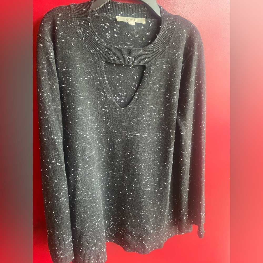 Loft Black & White Speckled Sweater with Cutout Detail Acrylic Nylon Bell sleeve